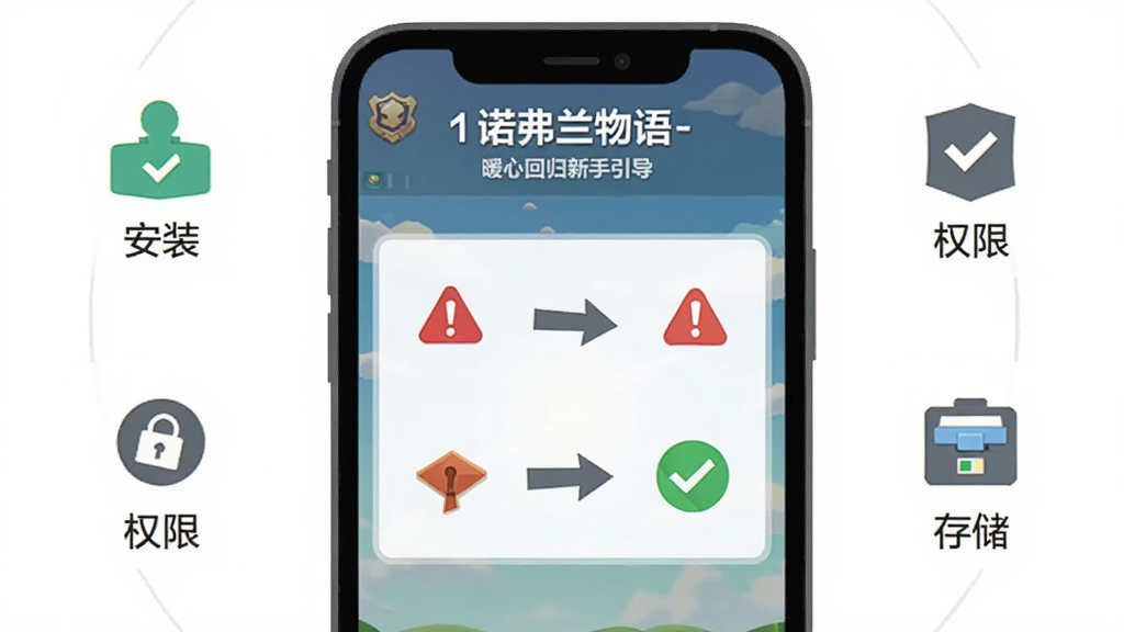 ŵ��������-ů�Ļع�������������ʾ��ͼ������Ϊ�ֻ���Ļ��ʾ��Ϸ�����棬����Ϊ����չʾ����Χ�����š���װ����Ȩ�ޡ����洢������ʾͼ�꣬���Ϊ��ƽ����Ϣͼ��ϸ�ڰ��������Ĳ����ͷ����ɫ�����־����ɫ�Թ������ʼ��ɾ����޶���Ԫ��