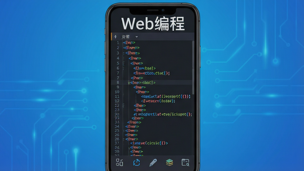 һ��չʾWeb��������������ͼƬ�������������ֻ���Ļ����Ļ����ʾ����ɫ����Ĵ���༭������������Ϊ��ɫ������HTML��JavaScript���룬��Ļ�Ϸ��С�Web��̡������������Ǽ��ĿƼ�����ɫ���䣬���Ϊ��ƽ��UI��ƣ�ϸ�ڰ��������кš��﷨������ɫ���ײ�������ͼ�꣬�����������ɾ����޶���Ԫ��
