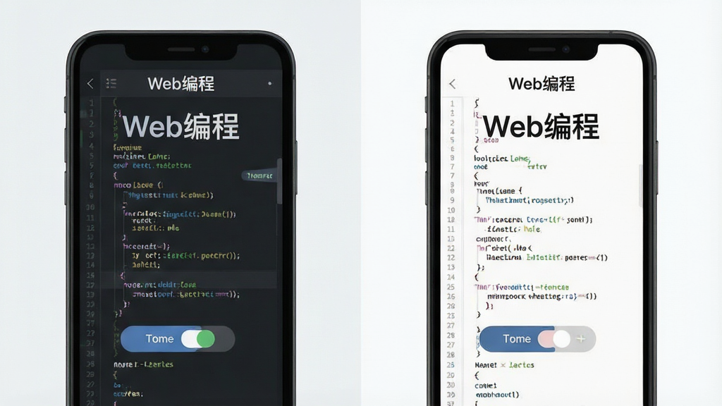 һ��չʾWeb��������л����ܵ�ͼƬ�������������ֻ����ţ�����ֻ���ʾ��ɫ�������༭�����Ҳ��ֻ���ʾǳɫ�������༭������Ļ�Ϸ����С�Web��̡����������Ϊ�Ա�չʾ�ı�ƽ����ƣ�ϸ�ڰ��������л���ť����ɫ���졢���������ȣ������������ɾ����޶���Ԫ��