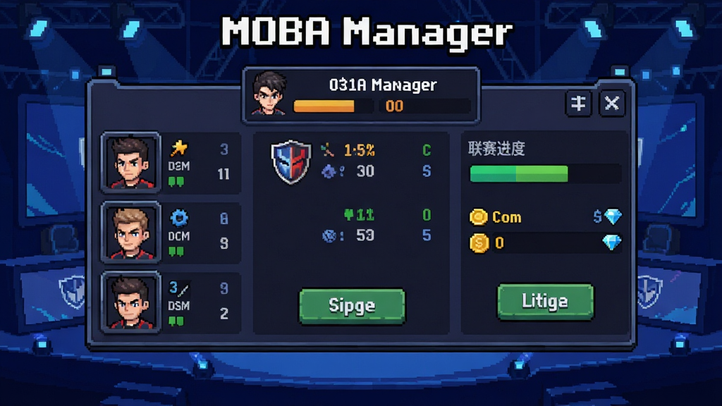 һ��չʾMOBA Manager��Ϸ������ĳ���ͼ���������������ط���ս�ӹ�����壬�Ϸ���ʾս��������ȼ��������������ѡ��ͷ��Ƭ���Ҳ�������������������ʯ��Դ��������Ϊ����ɫ�羺�����̨�������д���