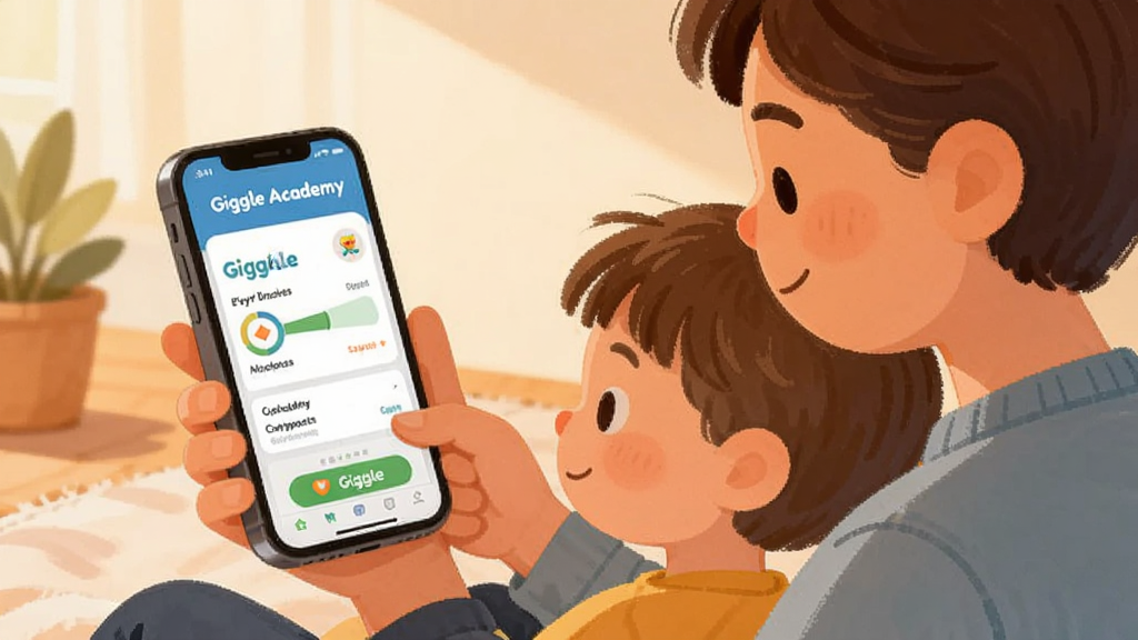 ����Ϊһλ�ҳ��뺢�ӹ�ͬʹ���ֻ�����ܰ�������ֻ���Ļ��ʾGiggle Academy��ѧϰ����ҳ�棬����Ϊ�����ڻ����Ҳࡢ�ֻ�����࣬�Ű���Ȼ�����Ϊ��ů����廭��ϸ�ڰ�����͹�Ӱ����౳������ͨ��������ʸ���ɾ�������������Ϊ��Giggle Academy��