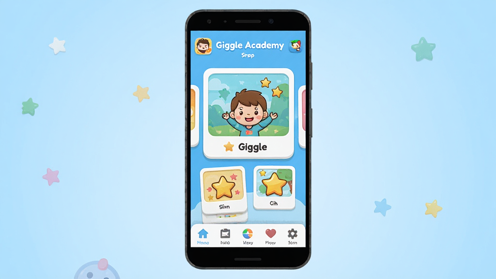 ����Ϊһ����׿�ֻ���Ļ����Ļ����ʾGiggle AcademyӦ�������棬���������ͨ����ѧϰ��Ƭ�����ǽ�����ײ�������������Ϊ�ֻ�����չʾ������Ϊǳ��ɫ���䣬�Ű������������Ϊ��ƽ����ͯ������App UI��ϸ�ڰ���Բ��ͼ�ꡢ�����Ӱ��������ɫ������Ϊ����ɾ����޶���Ԫ��