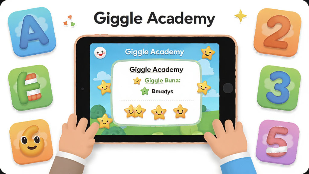 ��������Ϊ��ͨ���Ķ�ͯѧϰ����������ڷ�һ̨ƽ���豸����Ļ��ʾGiggle Academy�Ļ�����Ŀ�뽱�����ǣ�����Ϊ�豸���С���Χ������ĸ������Ԫ�أ��Ű���ã����Ϊ�����ƽ�廭��ϸ�ڰ�����ͽ��䡢Բ�ǿ�Ƭ��Ц��ͼ�꣬���ʸ���ɾ�������������Ϊ��Giggle Academy��
