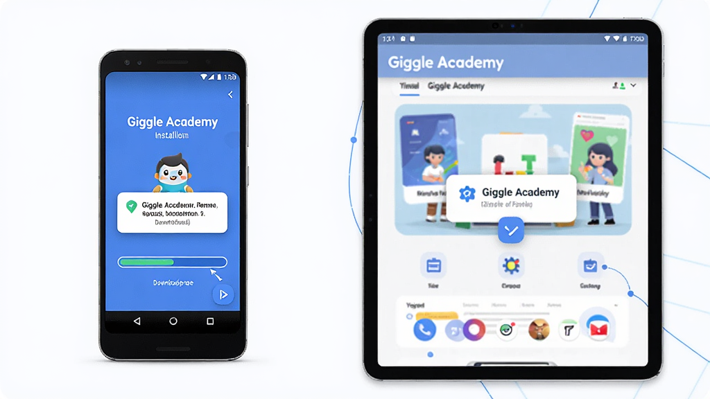 ����Ϊ��׿�ֻ���ƽ�岢��չʾ����Ļ�зֱ���ʾGiggle Academy�İ�װ������ѧϰ���棬����Ϊ���ҶԱȣ��Ű����������Ϊ���Ƽ��磬ϸ�ڰ������ؽ�������Ȩ����ʾ������Բ��ͼ�꣬���ʸ���ɾ�������������Ϊ��Giggle Academy��