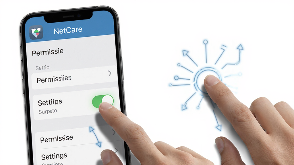 һ��չʾ NetCare ʹ�ü��ɵ�ʾ��ͼ������Ϊ�ֻ���Ļ��������ƵĽ�ϣ���Ļ����ʾȨ������ҳ�棬��ָ���ڵ�����ذ�ť�������� NetCare Ӧ�����ƣ�����Ϊ��һ�˳��ӽǣ����Ϊдʵ�Ƽ��磬ϸ�ڰ�����ָ��Ӱ���������������ѡ�����֣����������ɾ����޶���Ԫ��