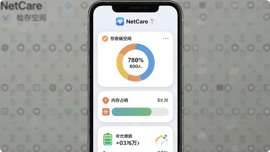 һ��չʾ NetCare �豸��⹦�ܵĽ���ͼ������Ϊ�ֻ���Ļ���棬��Ļ����ʾ�洢�ռ价��ͼ���ڴ�ռ�����͵��״̬��Ƭ�������� NetCare Ӧ�ñ�ʶ������Ϊ���鿨Ƭ�������У����Ϊ���Բ����ƣ�ϸ�ڰ����ٷֱ����֡���ɫ������ͼ��װ�Σ����������ɾ����޶���Ԫ��
