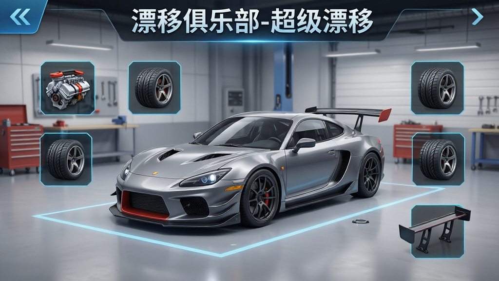 一张赛车改装界面展示图,画面中一辆跑车停在改装车间,周围环绕着引擎、轮胎、尾翼等零件图标,界面简洁科技感强,顶部有“漂移俱乐部-超级漂移”标题,风格为现代游戏UI,画质清晰,干净无多余元素