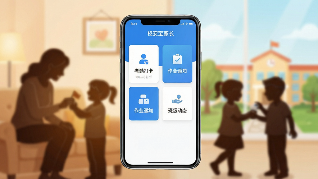 ����������չʾͼ������������һ̨�����ֻ�����Ļ����ʾ��У�����ҳ���APP����ҳ���棬�������ڴ򿨡���ҵ֪ͨ���༶��̬�ȿ�Ƭʽ������ڡ�����Ϊ��ܰ�ļ�ͥ��У԰�������мҳ��ͺ��ӻ����ļ�Ӱ�����岼�ּ�����ˣ�����������ɫ������������ִ���ϸ�����������ʸ��壬�ɾ��޶���Ԫ��