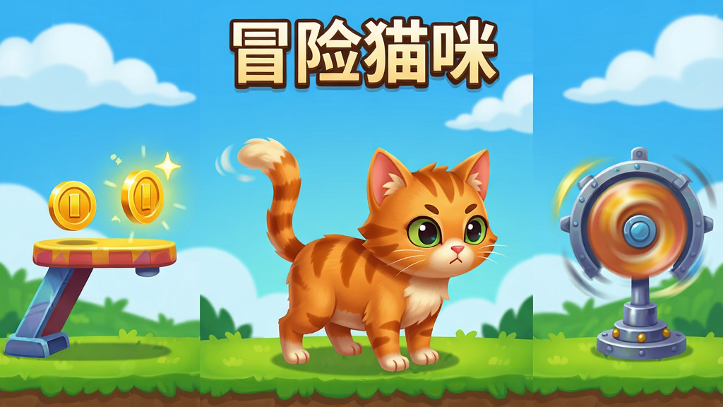一只橘色小猫站在色彩明快的卡通关卡场景中央,左右两侧分布着跳板、金币与旋转机关,背景是蓝天白云与绿色草地,画面采用竖版布局,上方留出标题区域,排版简洁清晰,风格为休闲游戏宣传插画,细节包括小猫专注的表情、飘动的尾巴、闪烁的金币光效,画质高清,干净,无多余元素,画面中文字标注“冒险猫咪”