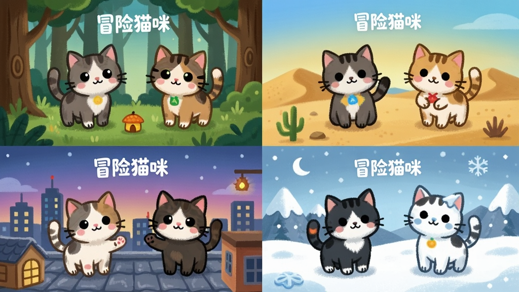 四只不同颜色的小猫分别站在森林、沙漠、城市屋顶和雪地四种场景中,画面采用四宫格布局,每个格子展示一个主题场景,风格为卡通手绘插画,细节包括场景中的特色道具、小猫的可爱表情、背景的渐变天空,画质高清,干净,无多余元素,画面中文字标注“冒险猫咪”