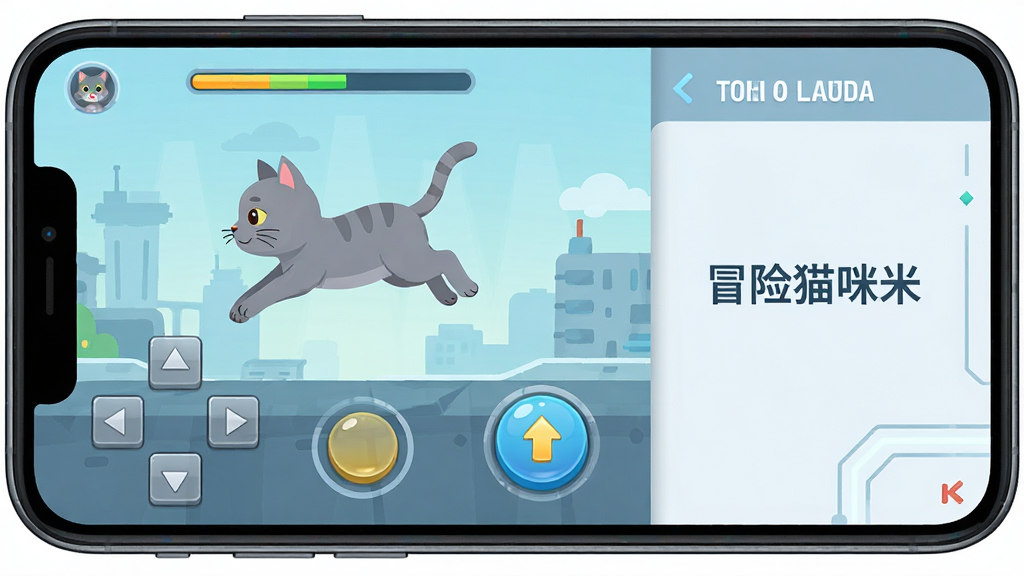 一只灰色小猫在手机屏幕中做出跳跃动作,屏幕下方显示虚拟方向键与跳跃按钮,背景为简约的科技感界面,画面采用横版布局,左侧为游戏画面,右侧为操作说明文字区域,风格为扁平化UI设计,细节包括按钮的高光效果、小猫腾空的动态姿势、关卡进度条,画质高清,干净,无多余元素,画面中文字标注“冒险猫咪”