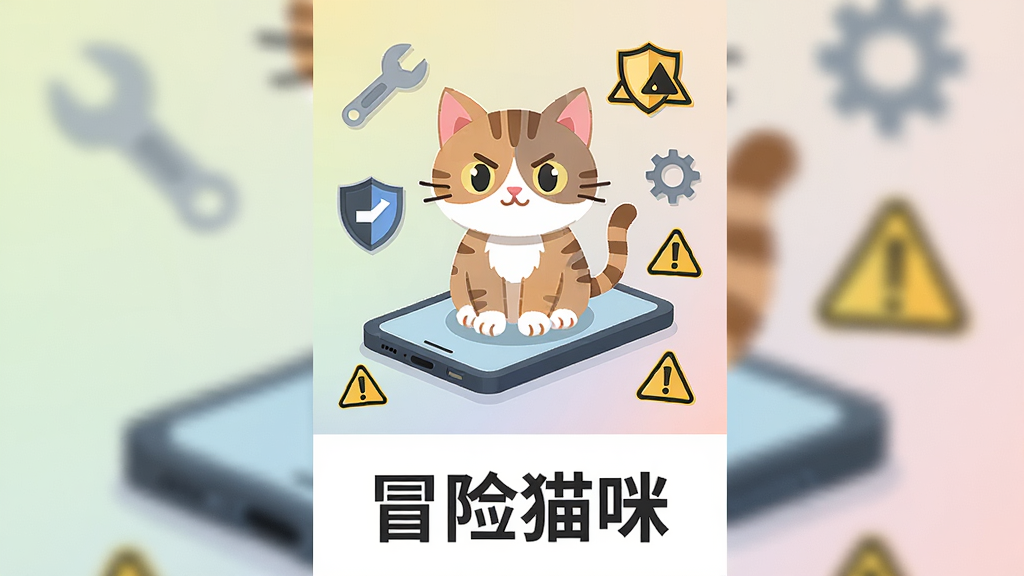 一只小猫坐在手机上,周围环绕着工具图标与警示标志,画面采用竖版布局,上方为小猫形象,下方为文字说明区域,风格为扁平化信息图,细节包括扳手、盾牌、齿轮等图标、小猫认真的表情、柔和的背景渐变,画质高清,干净,无多余元素,画面中文字标注“冒险猫咪”