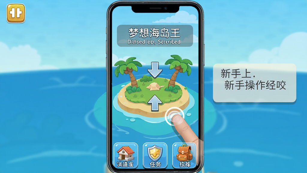 梦想海岛王新手操作界面截图,画面展示手机屏幕中的游戏画面,底部有建造、任务、背包等图标按钮,画面中央是小型海岛和引导箭头,风格简洁卡通,布局为竖屏手机视角,细节包括手指点击位置高亮、半透明提示文字和新手引导框,画质清晰,干净,无多余元素