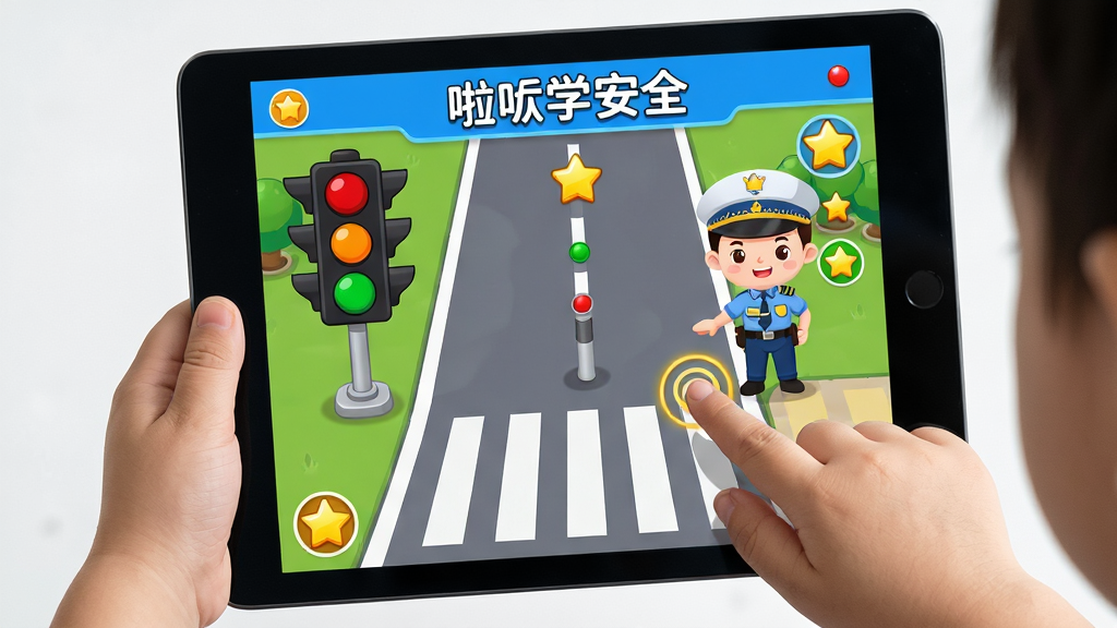 ��ͯ��ƽ��������桰��ѧ��ȫ��������Ϸ�ĳ���ͼ����������Ļ����ʾ���̵ƺͰ����ߵ���Ϸ���棬����Ϊ��һ�˳��ӽǣ��Ű�ͻ����Ļ���ݣ����Ϊдʵ��ͨ��ϣ�ϸ�ڰ������ӵ���ָ�����������Ļ�ϵĿ�ͨ������ɫ����������ͼ�꣬����Ϊ���塢�ɾ����޶���Ԫ��