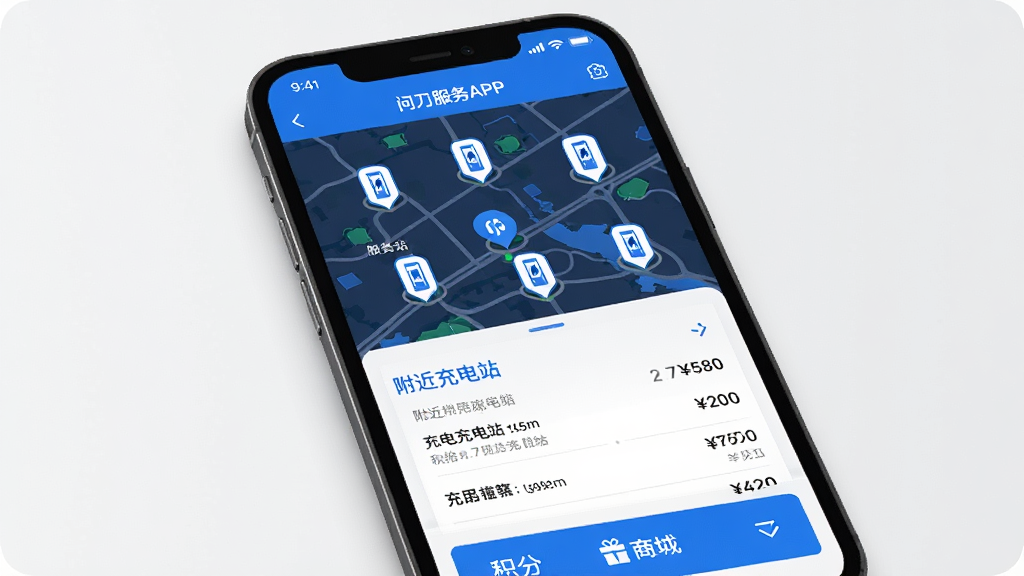 �ʽ����APP��������棬�ֻ���Ļչʾ��ͼ�Ϸֲ��ĳ��վͼ�꣬�·��г��������վ�б����۸���Ϣ���ײ��л����̳���ڣ��������������ɫ�������ˬ�����廭�ʣ�������Ԫ��