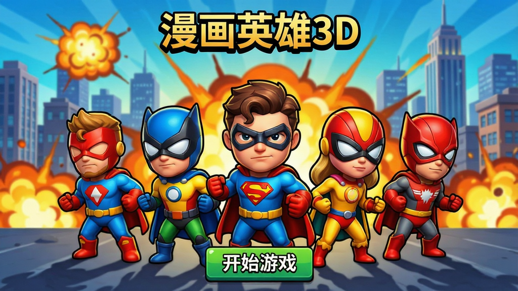 ����Ӣ��3D��Ϸ�����棬��������չʾ��λQ����������Ӣ�۲���վ��������Ϊ����������뱬ը��Ч��������ʾ��Ϸ���ơ�����Ӣ��3D�����·��п�ʼ��Ϸ��ť������������������Ⱦ��ɫ�����޶Ա�ǿ�ң����湹ͼ�����廭�ʣ��ɾ��޶���Ԫ��