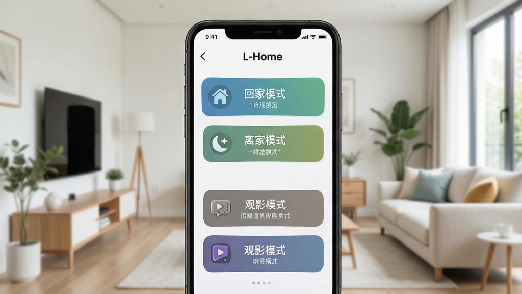 һ��չʾL-Home���ܼҾ�APP����ģʽ�����ͼƬ���ֻ���Ļ����ʾ���ؼ�ģʽ�������ģʽ������Ӱģʽ���ȶ��������ť��ÿ����ť���ж�Ӧͼ�꣬����Ϊ���ļҾӻ��������������Ȼ��ϸ�ڰ�����ť�������������ʸɾ��޶���Ԫ�أ�����ͻ�����������ı�ݸ�