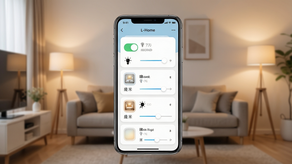 һ��չʾL-Home���ܼҾ�APP�ƹ���ƽ����ͼƬ�������������ֻ���Ļ����Ļ����ʾ�������ƹ���鿨Ƭ��ÿ����Ƭ�п��ذ�ť�����Ȼ��飬��������ܰ�Ŀ����������ƹ���ͣ�����ִ���Լ��ϸ�ڰ���ͼ���������������ʸɾ��޶���Ԫ�أ�����������ܼҾӵı�ݸ�