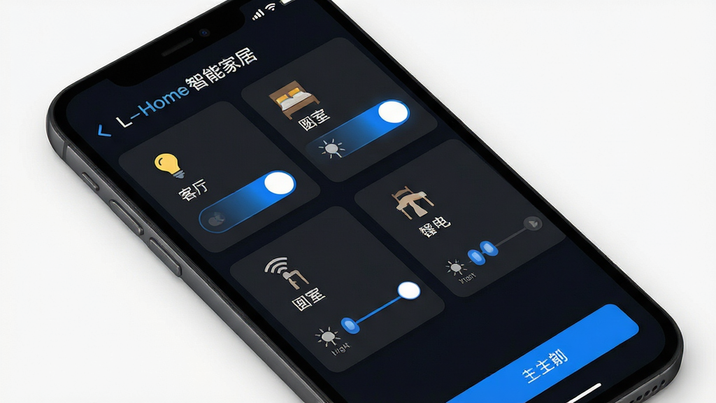 һ��չʾ�����ֻ���Ļ�����ͼƬ����Ļ����ʾL-Home���ܼҾ�APP��������ҳ�棬ҳ�沼�ְ������������ҡ������ȷ��俨Ƭ��ÿ����Ƭ��չʾ�ƹ⿪��״̬�����ȵ��ڻ��飬���������ɫ�������ɫ��������ɫ������ť��������ִ���ϸ�������ɼ�ͼ������ֱ�ǩ�����ʸɾ��޶���Ԫ�أ�������ֿƼ�����Ҿ���ܰ��Χ