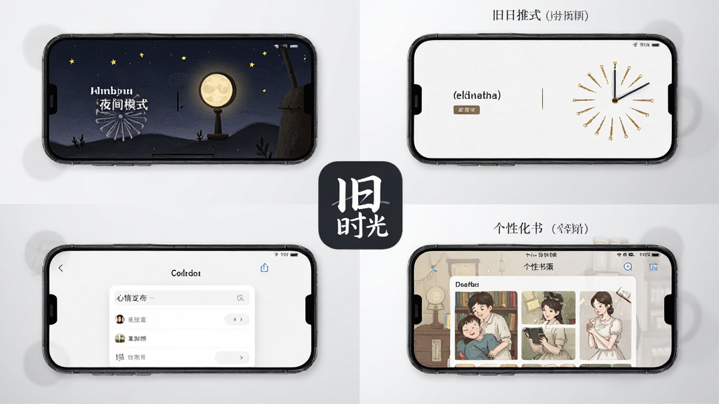 ����ʱ�⡱App����չʾ���ͼ�������Ϊ�ĸ�С���򣬷ֱ�չʾҹ���Ķ�ģʽ��ÿ���İ����͡����鷢����������Ի����ҳ�棬�ĸ��ֻ�����Χ�����ġ���ʱ�⡱ͼ�����У�����Ϊǳ��ɫ���䣬���ֹ������򣬷���ִ���Լ��ϸ�����������ʸɾ����޶���Ԫ��