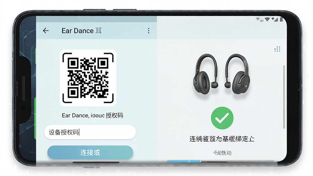 һ��չʾ Ear Dance ���������̵Ľ���ͼ����������Ϊ��׿�ֻ���Ļ����Ļ����ʾ Ear Dance �豸��ҳ�棬������ά��ɨ�������豸��Ȩ�����������Ӱ�ť���Ա��ж���ͼ������ӳɹ�����ɫ�Թ�������Ϊ���½ṹ�����Ϊ����ǳɫ�Ƽ��磬ϸ�ڰ�������������ʾ���֡���ť��Ӱ�����������ɾ��޶���Ԫ��