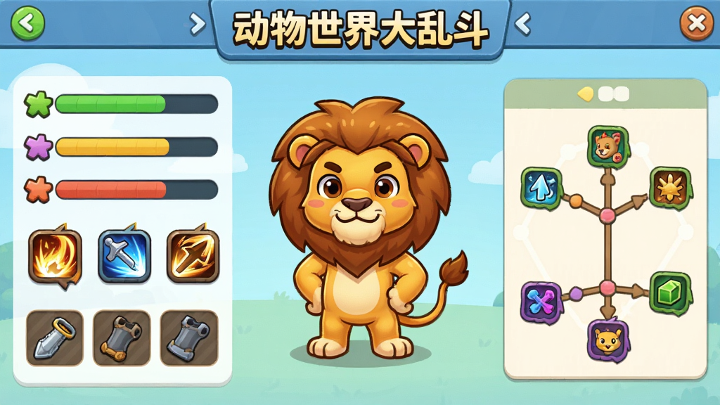 ����������Ҷ�����ϵͳ���棬����չʾһֻ��ͨʨ�ӽ�ɫվ�����룬��Χ���Ƶȼ�������������ͼ�ꡢװ�������츳����壬������Ϊ���¿�ͨ�������С�����������Ҷ������ֱ�ʶ�����ֺ�����ϸ�ڷḻ�����ʸ��壬�ɾ�����