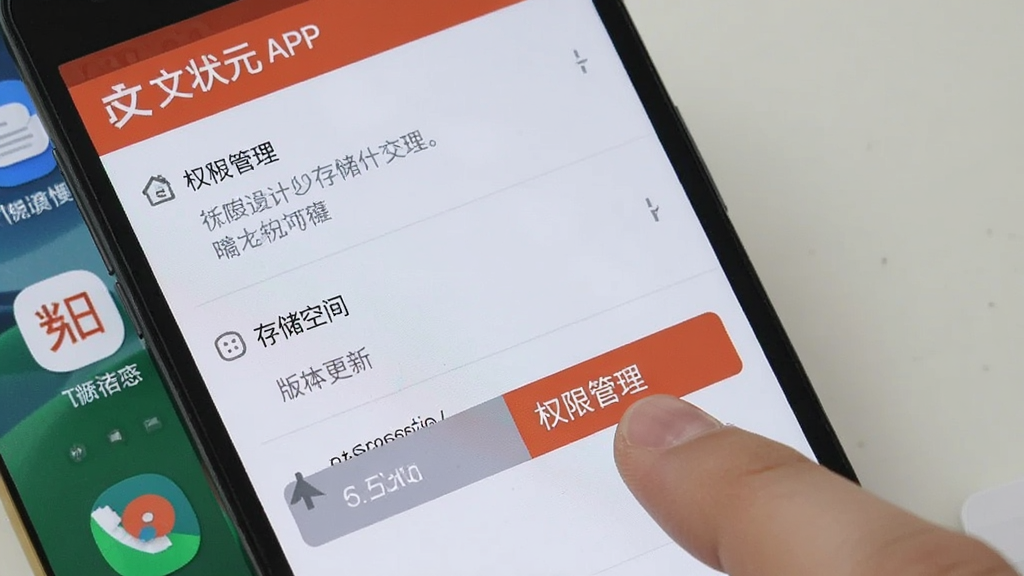 һ����׿�ֻ���Ļ����ʾ��״ԪAPP������ҳ�棬ҳ���п��Կ���Ȩ�޹������洢�ռ䡢�汾���µ�ѡ��û�����ָ���ڵ����Ȩ�޹�������ť������Ϊ�ֻ����棬���дʵ�����ʸ��壬�ɾ����޶���Ԫ��