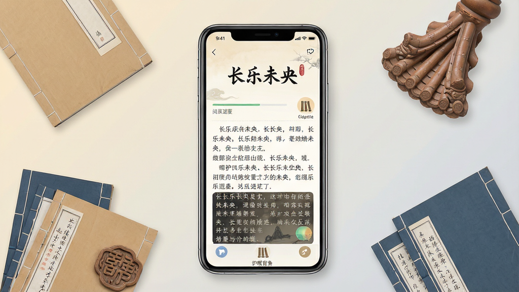 һ�����ڡ�����δ�롱�ֻ�С˵�Ķ�������չʾͼ������������һ�����������ֻ����ֻ���Ļ����ʾ�ŷ����С˵�Ķ����棬�������С�����δ�롱�ĸ��ֵı�������ֶ��䣬�ֻ���Χɢ�伸���ŷ���װ���һö�ߵ�ͼ����װ��Ԫ�أ�����Ϊ���ŵ��׻�ɫ��ǳ�ҽ��䣬���岼�־��жԳƣ����Ϊ���¹������ƽ��UI��ϣ�ϸ�ڴ������Ķ������������ͼ��ͻ��۱���ɫ�������������ɾ����޶���Ԫ�ء�