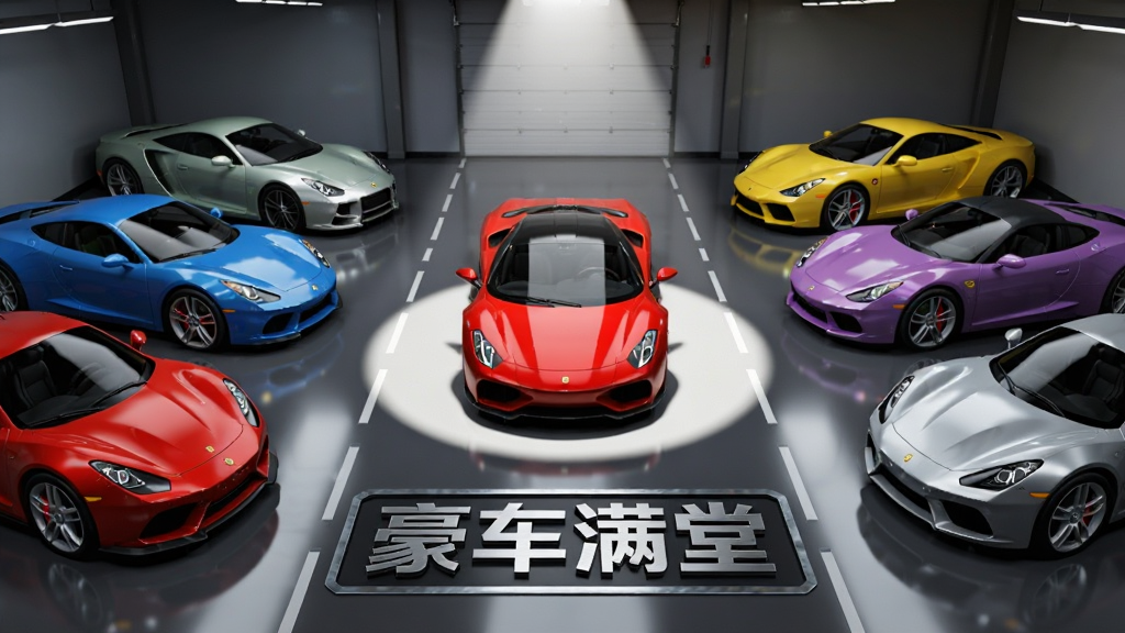 画面展示一个虚拟车库场景,左右两侧整齐停放着五辆不同颜色的豪华跑车,中央有一辆红色跑车处于聚光灯下,布局采用对称式构图,排版上“豪车满堂”以金属质感字体嵌入地面标识,风格为高清3D游戏界面,细节包括车库地面反光、车辆轮毂和车身线条,画质为超清,干净无多余元素