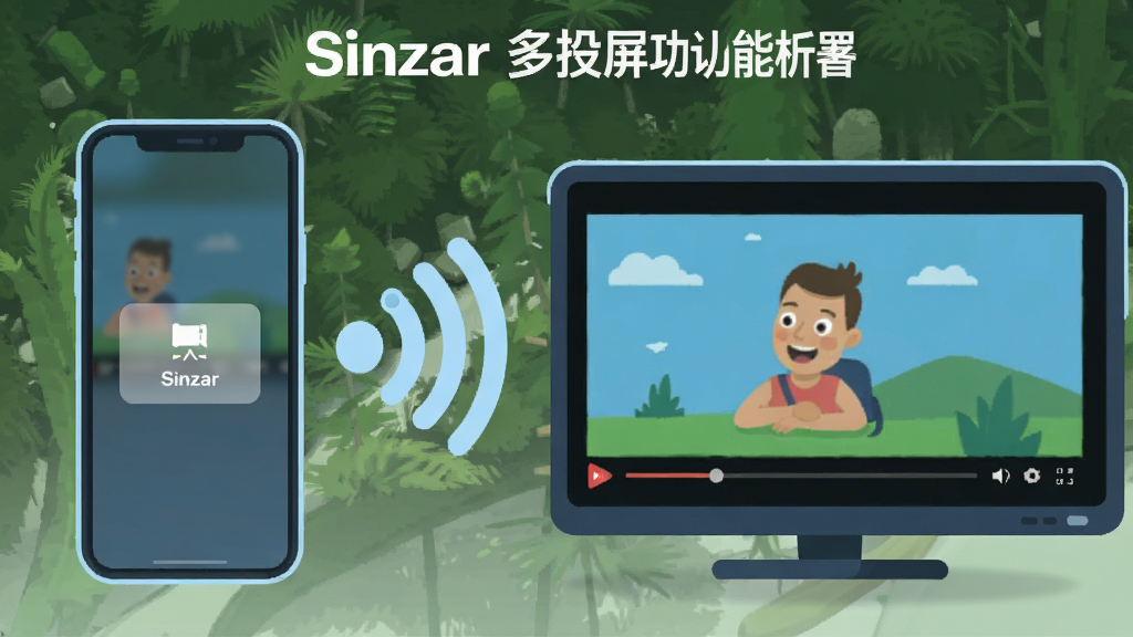 һ��չʾSinzar���豸Ͷ�����ܵ�ʾ��ͼ������Ϊһ���ֻ���һ̨���ӣ��ֻ���Ļ��ʾͶ����ť��������Ļ��ʾ���ڲ��ŵ���Ƶ������Ϊ�ֻ����󣬵������ң��м��������źŲ������ӡ��Ű������ˡ����Ϊ��ƽ���Ƽ��廭��ϸ�ڰ����豸�߿�Բ���źŲ���Ϊ����ɫ�������������ɾ����޶���Ԫ�ء�