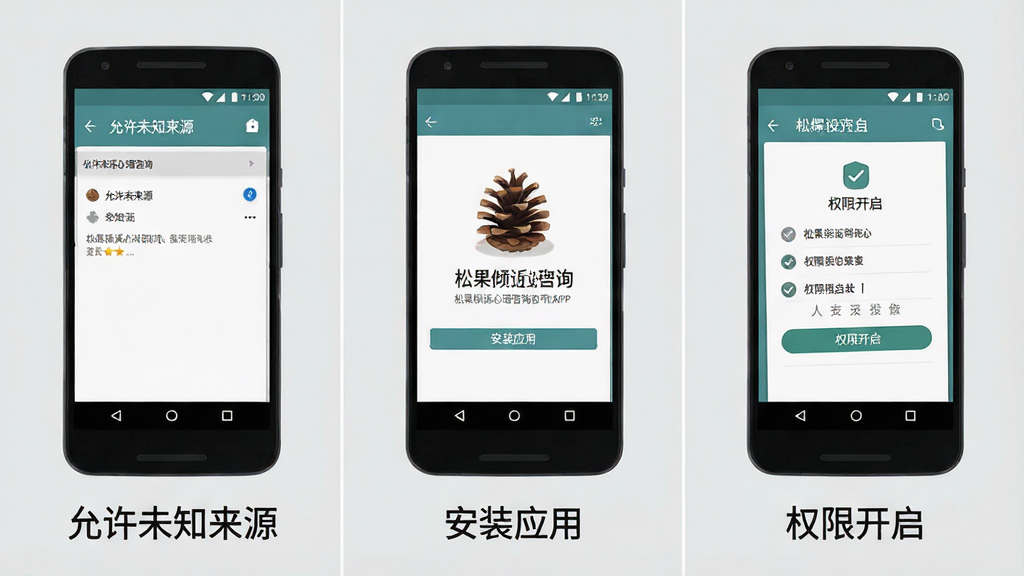 һ��չʾ�ɹ�����������ѯAPP�ڰ�׿�ֻ��ϰ�װ��Ȩ�����ò����ʾ��ͼ�������Ϊ�������裬��һ����ʾ������δ֪��Դ�����ڶ�����ʾ����װӦ�á�����������ʾ��Ȩ�޿�������ÿһ�������ֻ���������ͼ�ͼ������˵��������Ϊǳ��ɫ����������ˣ�����������������ʾ���ɹ�����������ѯ��