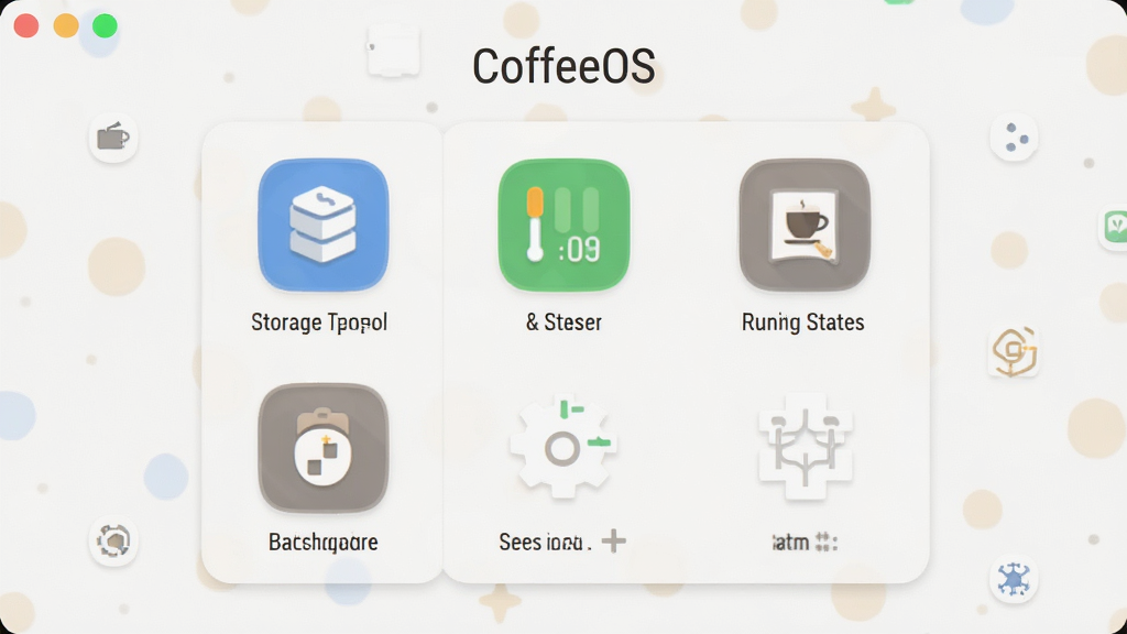 CoffeeOS �����������ͼ����������չʾ����ϵͳ������壬�����洢�ռ䡢����״̬����̨������ͼ�꣬����Ϊ���½ṹ������Ϊ�������ơ�CoffeeOS�������Ϊ�ִ���Լ��ƽ����ƣ�ϸ�ڰ���Բ��ͼ�ꡢǳɫ�������������ֱ�ʶ�����ʸ��壬�ɾ����޶���Ԫ��