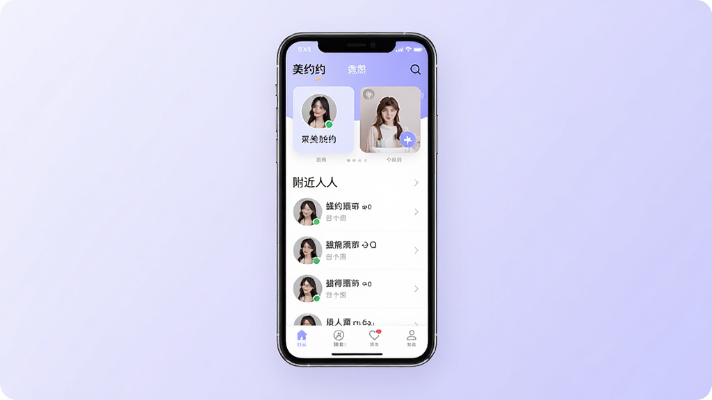 һ��չʾ��Լ�罻�������Ľ����ͼƬ�������������ֻ���Ļ����Ļ����ʾ��ԼAPP����ҳ�������û�ͷ��Ƭ�����������б��͵ײ�������������Ϊ��͵�ǳ��ɫ���䣬������ִ���ϸ�����������ʸɾ����޶���Ԫ��