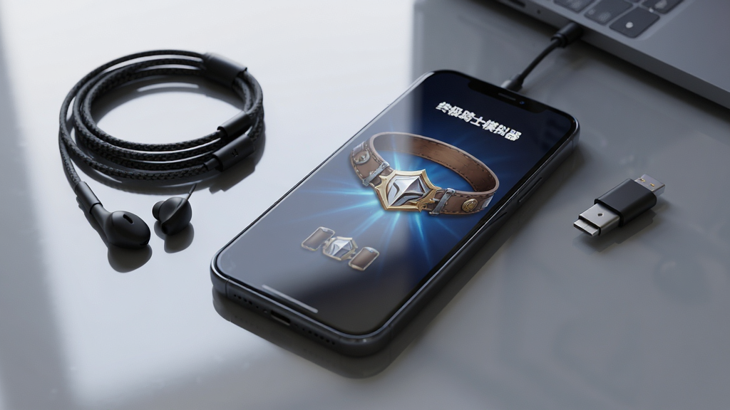 一部手机屏幕显示骑士腰带界面,旁边放置耳机与充电线,背景为简洁桌面,主体为手机与配件,布局为对角线构图,风格为生活写实,细节包含屏幕光效、耳机线材、桌面反光,画质高清、干净、无多余元素,图片中文字标注“终极骑士模拟器”