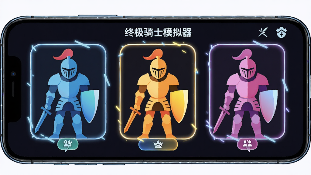 一部手机横屏展示骑士形态切换界面,屏幕内呈现三种不同颜色的骑士剪影并排排列,主体为手机与骑士剪影,布局为横向排列,风格为扁平化插画风,细节包含颜色渐变、光效边框、按钮图标,画质高清、干净、无多余元素,图片中文字标注“终极骑士模拟器”
