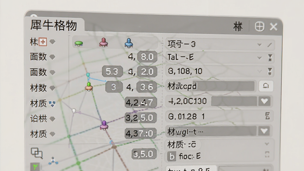 三维软件属性编辑面板特写,面板中显示网格对象的顶点数、面数、坐标数值与材质选项,界面带有