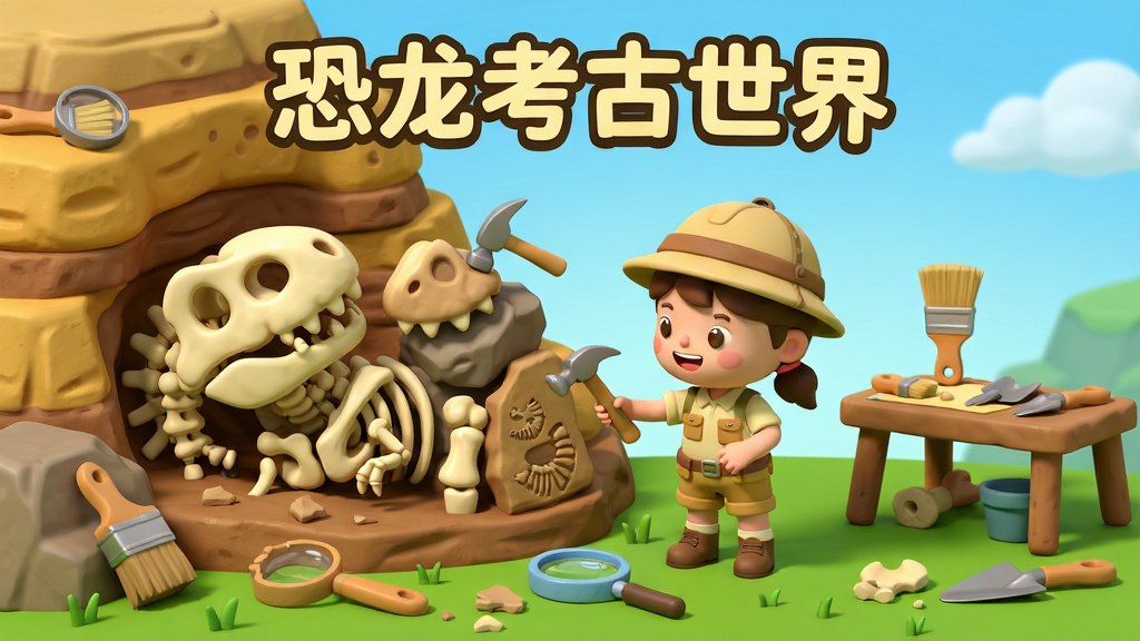画面主体是一只卡通风格的霸王龙骨架半埋在岩层中,一名戴着考古帽的小女孩正手持小锤子小心敲击岩石,周围散落着化石碎片和放大镜,画面布局左侧为挖掘区域右侧为工具台,整体采用明亮卡通的3D渲染风格,细节包括岩层纹理、化石纹路、散落的刷子和铲子,色彩以土黄、草绿和天蓝为主,画质清晰干净,无多余元素,图片上方用圆润字体写着“恐龙考古世界”