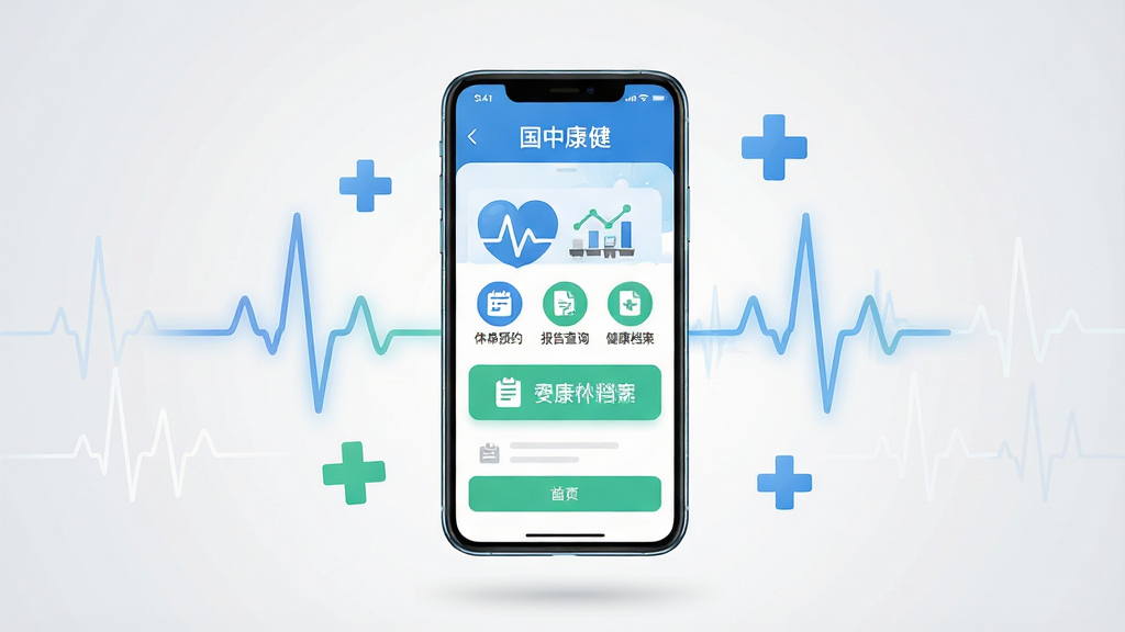 ��������Ϊһ�������ֻ�����Ļ������ʾ�����п�����APP����ҳ���棬�����а������ԤԼ�������ѯ������������ͼ�갴ť�����ֲ��þ��й�ͼ���ֻ������ڻ������룬��Χ��������͵��ĵ�ͼ���ƺ�ҽ��ʮ��Ԫ�أ��Ű��࣬APP�������������ɼ������Ϊ�ִ��Ƽ�����ҽ�ƽ������ϵı�ƽ����ƣ�ɫ������ɫ�Ͱ�ɫΪ������׺��ɫ����Ԫ�أ�ϸ�����ֻ���Ե����΢���⣬����Ϊ�ɾ���ǳ��ɫ���䣻���ʸ��壬�ɾ��޶���Ԫ�أ�������ֳ�רҵ���ɿ����Ӿ����ܡ�