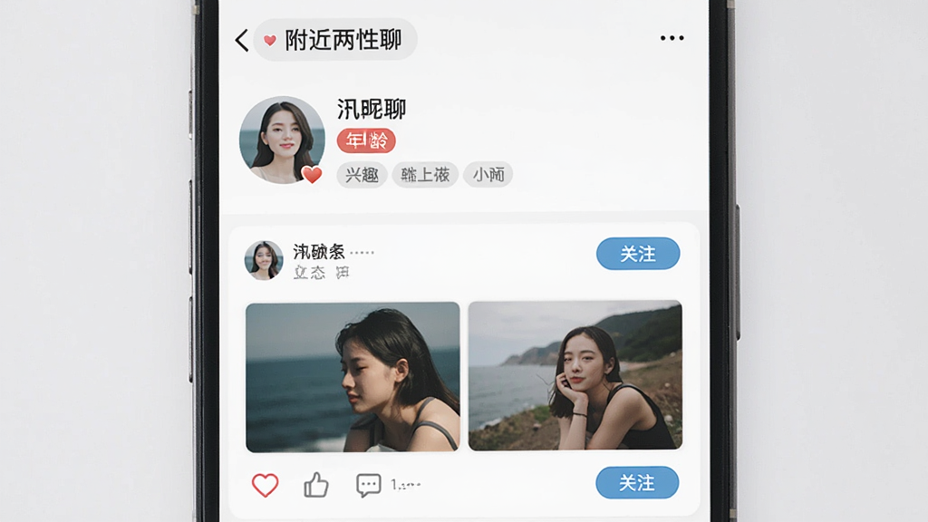 �ֻ�������ҳ���棬������ע�����������ġ�������Բ��ͷ���ǳơ������ǩ����Ȥ��ǩ���·�Ϊ��̬ͼ�Ŀ�Ƭ��������Ϊ���¹�����Ϣ�������Ϊ��Լ�����罻�磬ϸ�ڰ�������ͼ�ꡢ�������ݡ���ע��ť�����ʸ��壬�ɾ����޶���Ԫ��