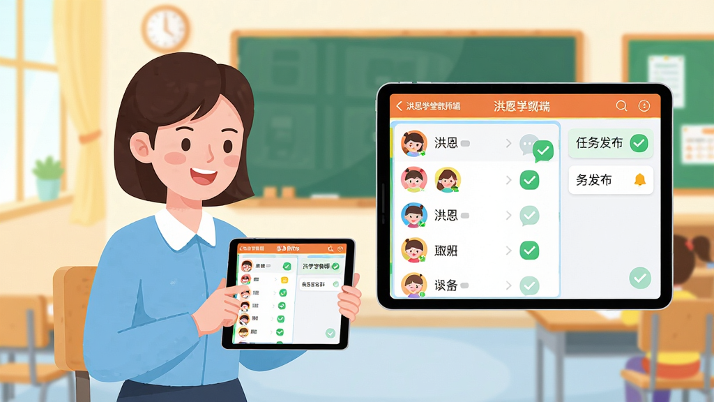 һ��չʾ�׽���ʦʹ��ƽ����Խ��п��ù����Ĳ廭����������Ϊһλ����Ů��ʦ���������Ľ�����΢Ц����ƽ�壬ƽ����Ļ����ʾ���ѧ�ý�ʦ�˵İ༶�б������񷢲����棬���ֲ��þ��й�ͼ������ǽ�ʦ����Ҳ�����������������Ŵ�չʾ���Ű��������������Ϊ�ִ���ƽ���廭�磬ϸ�ڰ�����ɫͼ�ꡢѧ��ͷ��СԲȦ��֪ͨ���ݡ���ɫ�Թ���ǣ����ʸ���ɾ����޶���Ԫ�أ����������ֱ�ע�����ѧ�ý�ʦ�ˡ�