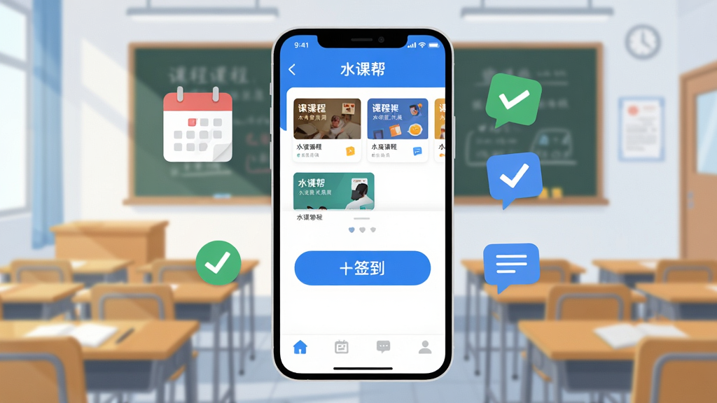 画面中央是一部智能手机,屏幕显示“水课帮”应用主界面,界面采用蓝白配色,顶部有课程卡片列表,中部有醒目的签到按钮,底部导航栏清晰可见。背景为大学教室场景,课桌整齐排列,黑板上有模糊的板书痕迹。整体风格为扁平化UI插画,细节包括手机周围漂浮的日历图标、对勾图标和消息气泡。画质清晰,干净明亮,无多余元素。
