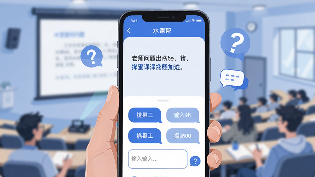 画面展示“水课帮”应用内的课堂提问助手界面,屏幕上半部分显示老师提出的问题文字,下半部分是选项按钮和输入框。手机被一只手握持,背景是大学阶梯教室,前方有模糊的投影幕布。风格为现代扁平插画,色彩以蓝色和白色为主,细节包括漂浮的问号图标和对话气泡。画质清晰,构图干净,无多余装饰。