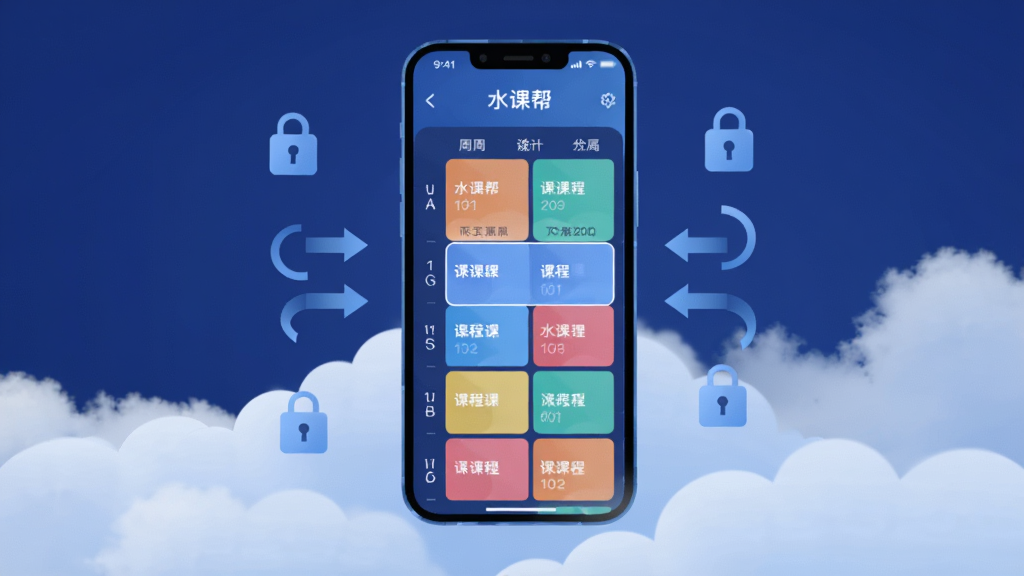 一部手机屏幕显示“水课帮”课程表界面,以周为单位排列的彩色课程方块清晰可见,当前课程被高亮标注。手机悬浮在云端背景之上,周围有数据同步箭头和锁形安全图标。风格为科技感扁平插画,主色调为深蓝与浅蓝渐变,细节精致,画质干净,无杂乱元素。