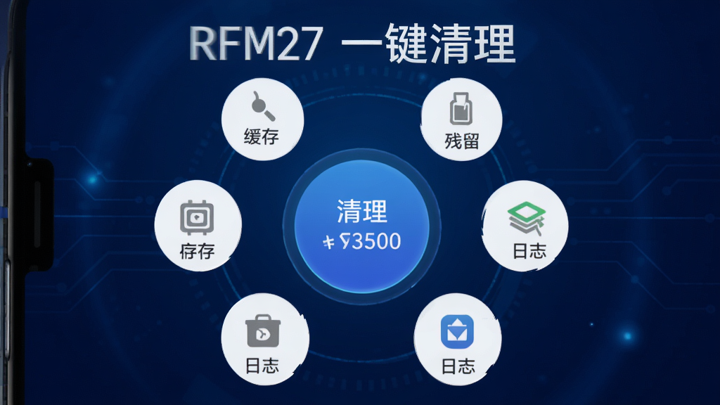 һ��չʾRFM27һ���������ٹ��ܵĽ���ͼ���ֻ���Ļ������ʾԲ��������ť����Χ���ƻ��桢��������־��ɨ���������ɺ���ʾ�ͷſռ���ֵ������Ϊ����ɫ�Ƽ��н��䣬���ɾ����䣬����������ͼƬ�д������֡�RFM27 һ��������