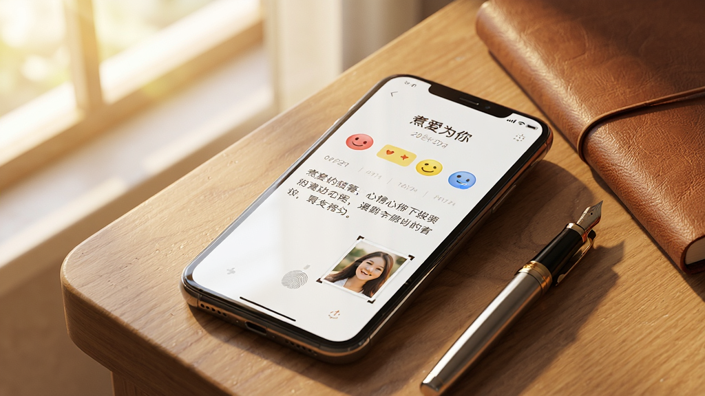 һ���ֻ���Ļ��д����Ļ��ʾ����Ϊ�㡱������ռǽ��棬�����������ڡ�������顢���ֶ����һ��С��Ƭ���ֻ�������ľ�������ϣ��Ա���һ֧�ֱʺ�һ�����ϵıʼǱ�����������͵�ůɫ�������ߴ���ര�����롣����Ϊ�Խ��߹�ͼ�����Ϊдʵ��Ӱ�磬ϸ�ڰ�����Ļ�ϵ�ָ�ƽ���ͼ�ꡢ�ռǱ��ϵ��������ֱʵĽ������⡣���ʸ��壬�ɾ����޶���Ԫ�ء�