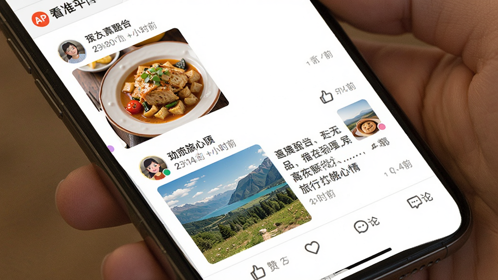 һ��չʾ��׼APP��̬����ҳ����ֻ�����ͼ���������ֻ���Ļ��ʾ���û�������ͼ�Ķ�̬����������ʳ��Ƭ�����з羰���������飬�ײ��е���������ͼ�꣬����Ϊ���»�����Ϣ���������ů�����ϸ�ڰ���Բ��ͷ����ʱ���������������������Ԫ��