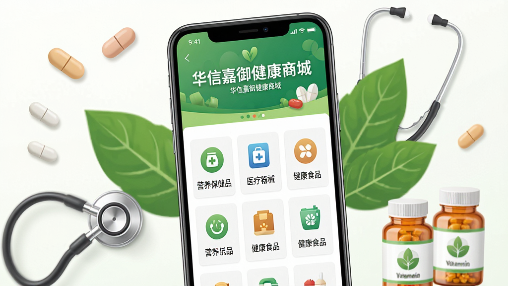 ����������һ�������ֻ�����Ļ��ʾ���ż��������̳ǵ���ҳ���棬�Ϸ�����ɫ��������ĺ�����·�������Ӫ������Ʒ��ҽ����е������ʳƷ����Ʒ����ͼ�ꣻ�ֻ���Χ������ҩ�衢����������Ҷ��ά����ƿ�Ƚ���Ԫ�أ����ֲ��þ��й�ͼ���ֻ���΢��бչʾ�����Ϊ�ִ���ƽ��UIչʾ���ɫ������ɫ�Ͱ�ɫΪ����ϸ������Ʒͼ�������ɱ棬���������硰���ż��������̳ǡ������ɼ�������Ϊ����4K���ɾ���ˬ���޶���Ԫ��