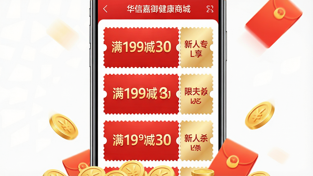 ������һ���ֻ���Ļ��д����Ļ����ʾ���ż��������̳ǵ��Ż�ȯ��ȡҳ�棬ҳ�����ж��ź�ɫ�ͽ�ɫ���Ż�ȯ��Ƭ����Ƭ��д�š���199��30��������ר��������ʱ��ɱ�����������ֻ��·�ɢ���Ž�Һͺ��Ԫ�أ�����Ϊ�ֻ����У��Ż�Ԫ�ػ��ƣ����Ϊ���̴������ɫ���Ժ�ɫ����ɫ����ɫΪ����ϸ�����Ż�ȯ��Ե�гݿ���ƣ�����������Ŀ������Ϊ����4K���ɾ���ˬ���޶���Ԫ��