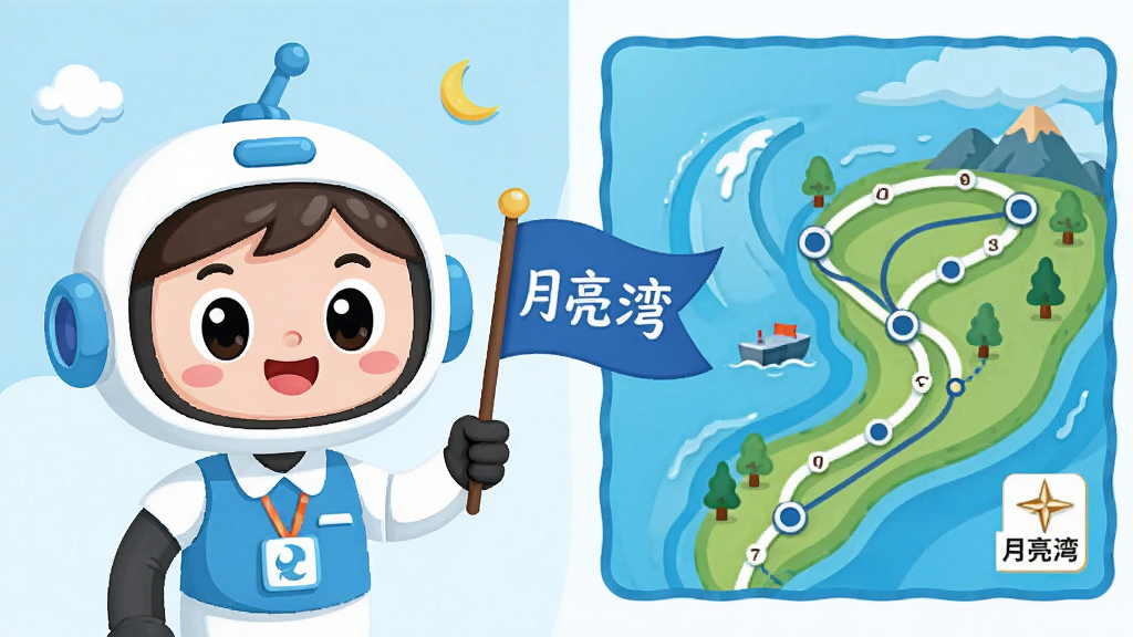 主体是一个卡通风格的智能导游形象,手持一面写有“月亮湾”的小旗子。布局在画面左侧,右侧是月亮湾景区的路线地图。排版采用左右分割式,风格为清新明快的矢量插画,细节包括地图上的坐标点和导游的微笑表情,画质清晰,干净,无多余元素。