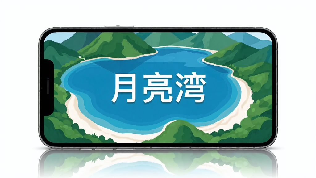 主体是一个智能手机屏幕,屏幕中显示着一幅美丽的月亮湾风景俯瞰图,画面中央有清晰的“月亮湾”三个字。布局采用居中构图,手机下方有柔和的倒影。排版简洁,风格为现代扁平化插画,细节包括湛蓝的湖水、翠绿的山峦和白色的沙滩,画质高清,干净,无多余元素。